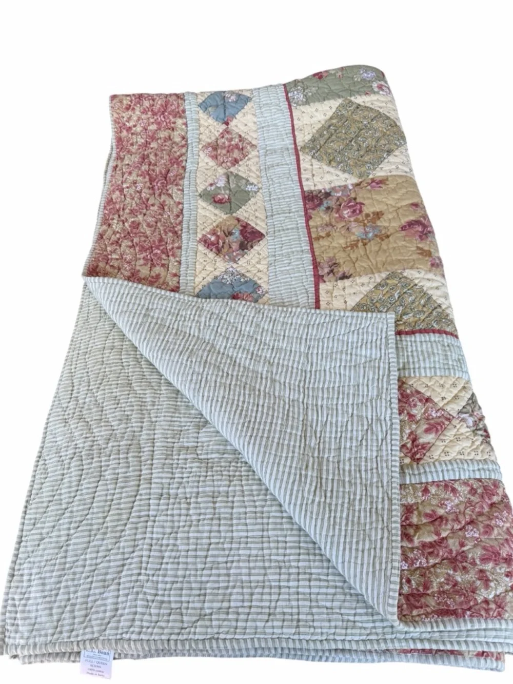 L.L. Bean Patchwork Country Quilt Reversible Floral Ticking Stripe Gauzy FLAWS